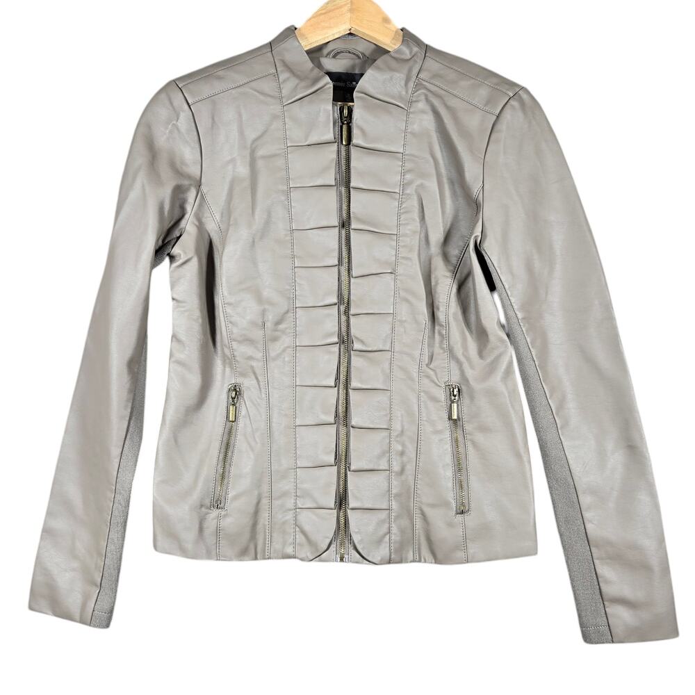 Ronnie Salloway Jacket Womens Small‎ NEW Tan Faux Leather Pleated Quiet Luxury